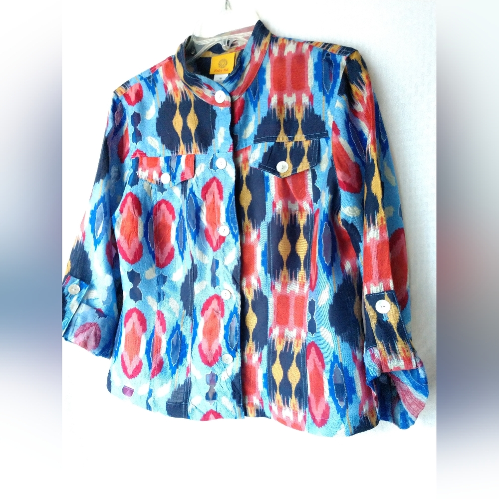 Ruby Road Colorful Linen Blend Top Shirt Sheer Burnout Size 10 Chest 36"